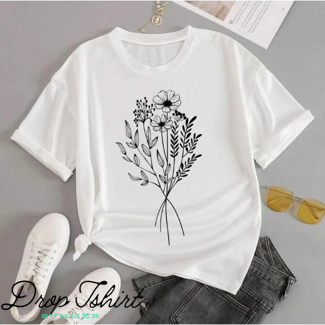 Floral White Drop Shoulder Womens T-Shirt