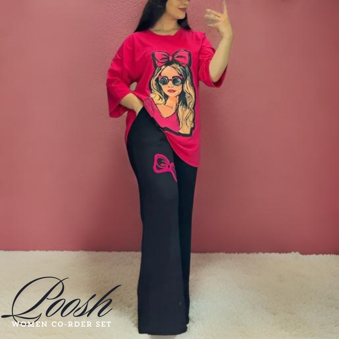 Latest Drop Shoulder Tee with Trouser For Her Dark Pink