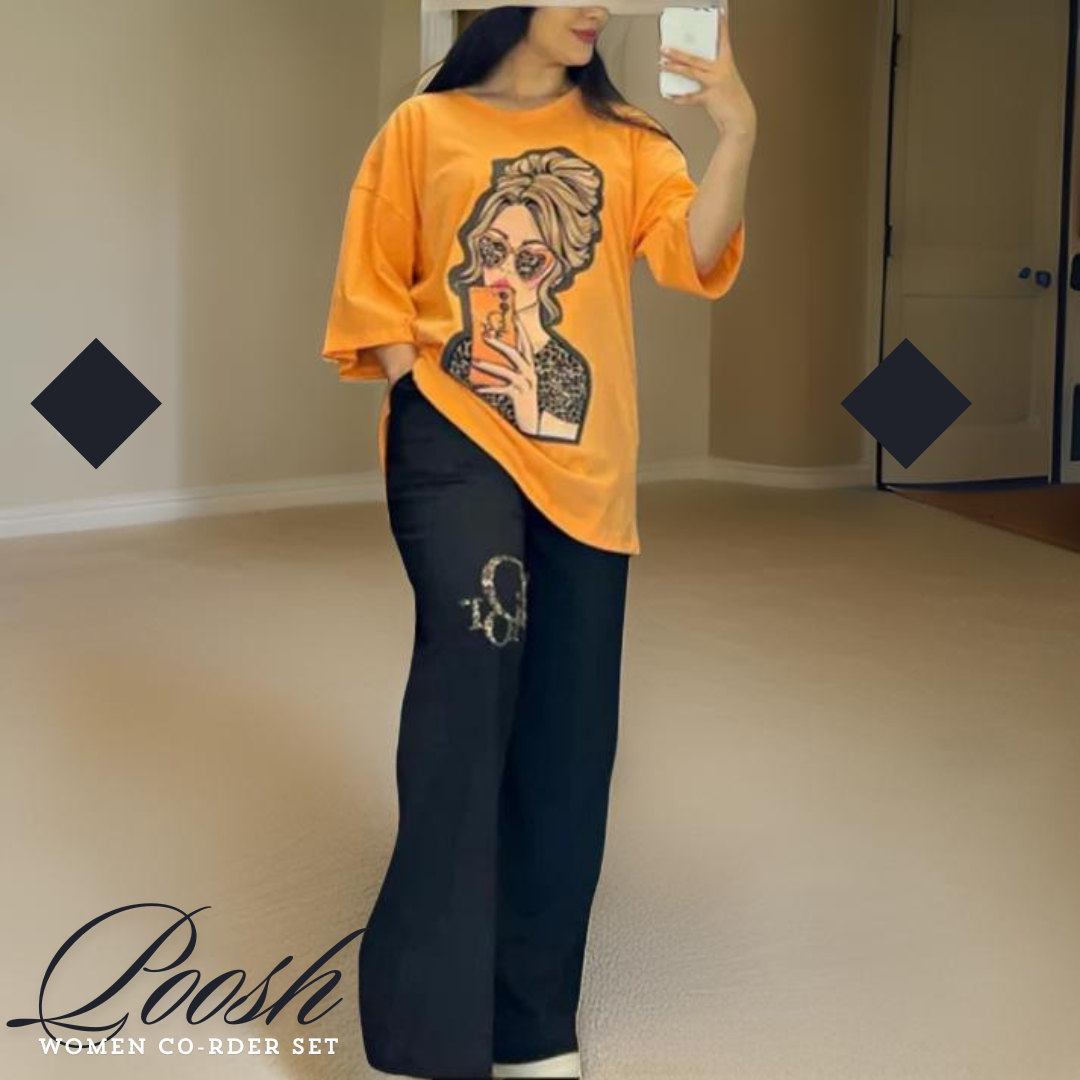 Latest Drop Shoulder Tee with Trouser For Her Orange