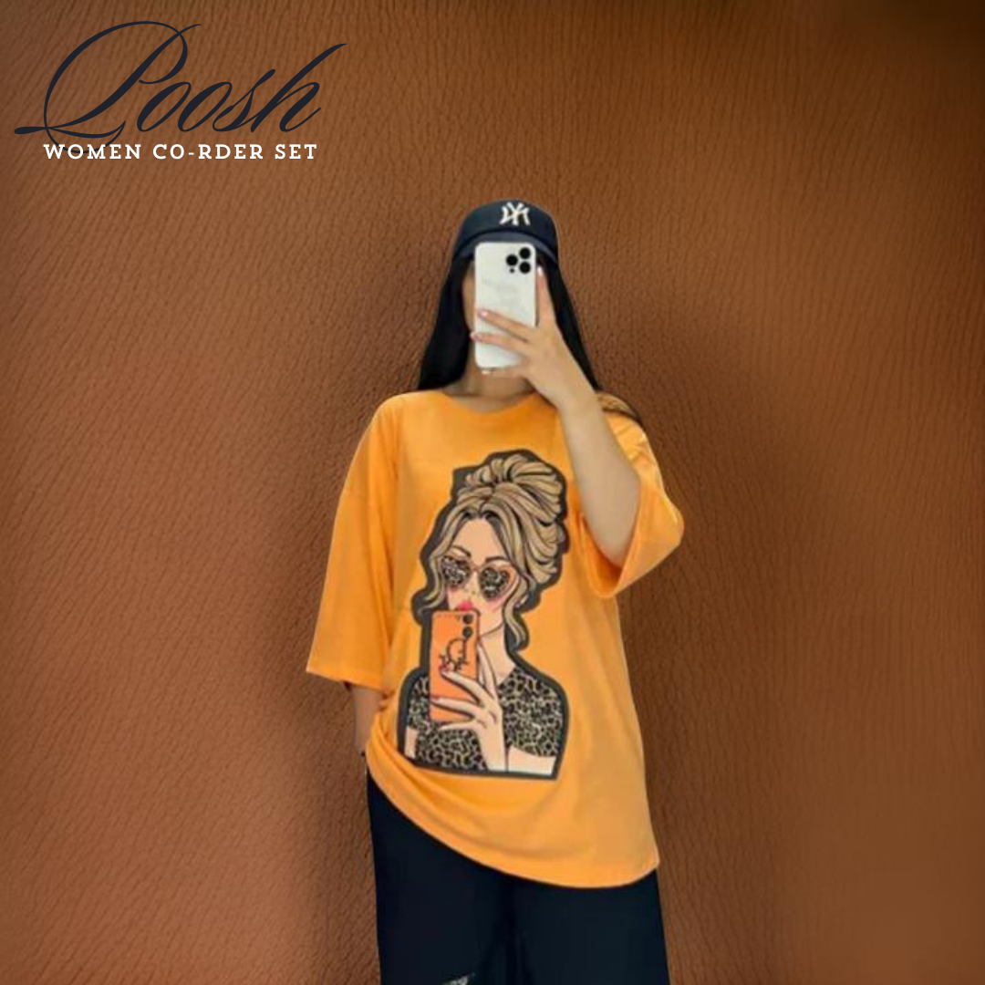 Latest Drop Shoulder Tee with Trouser For Her Orange