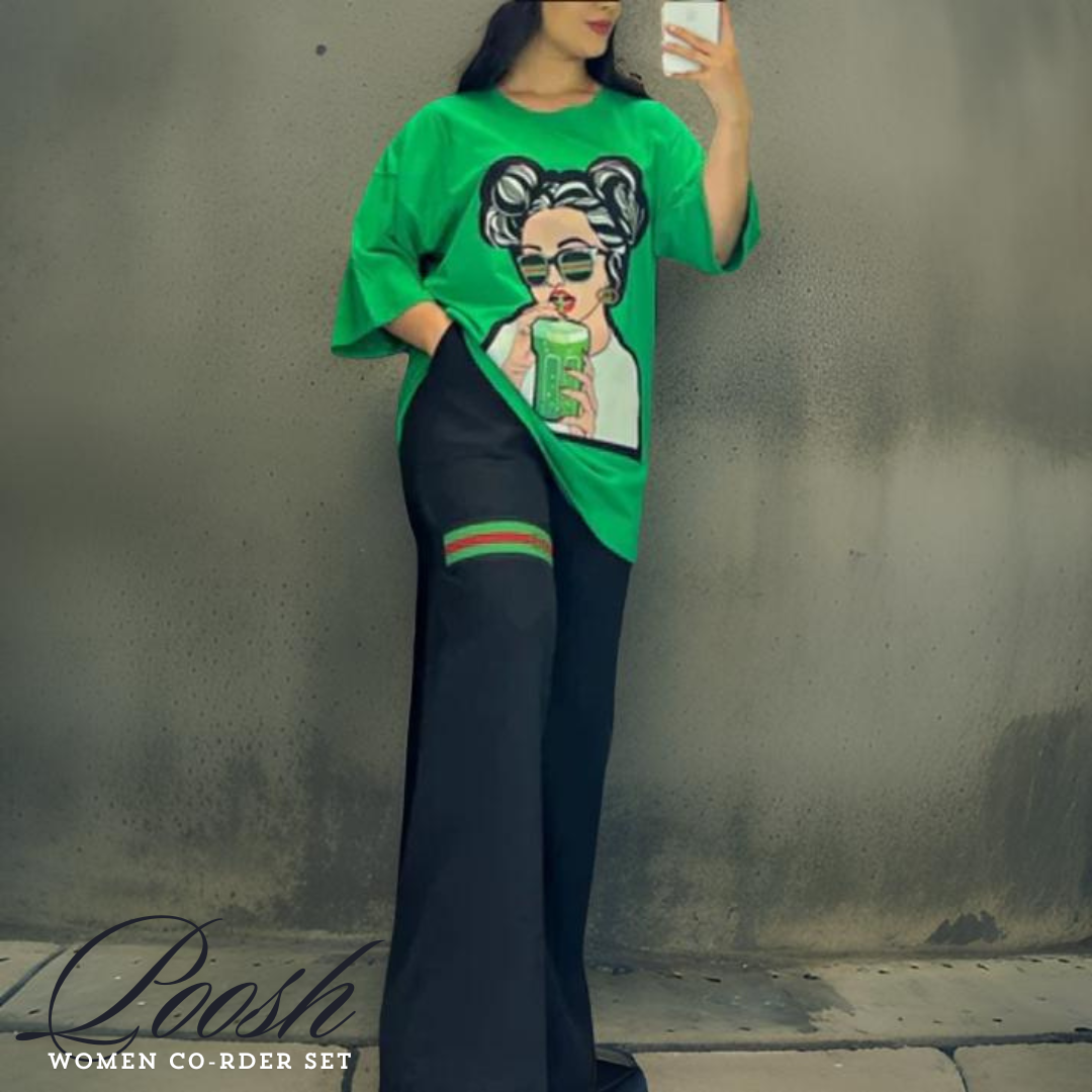 Latest Drop Shoulder Tee with Trouser For Her Green