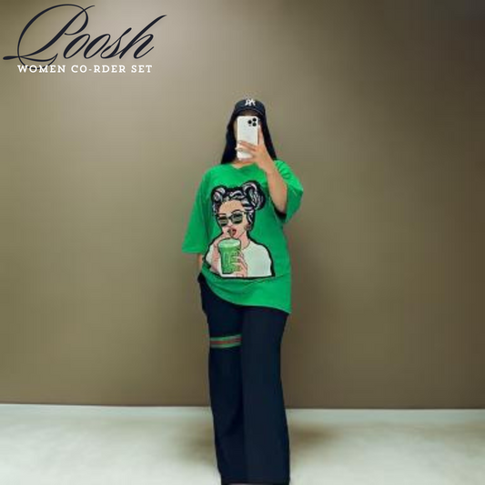 Latest Drop Shoulder Tee with Trouser For Her Green