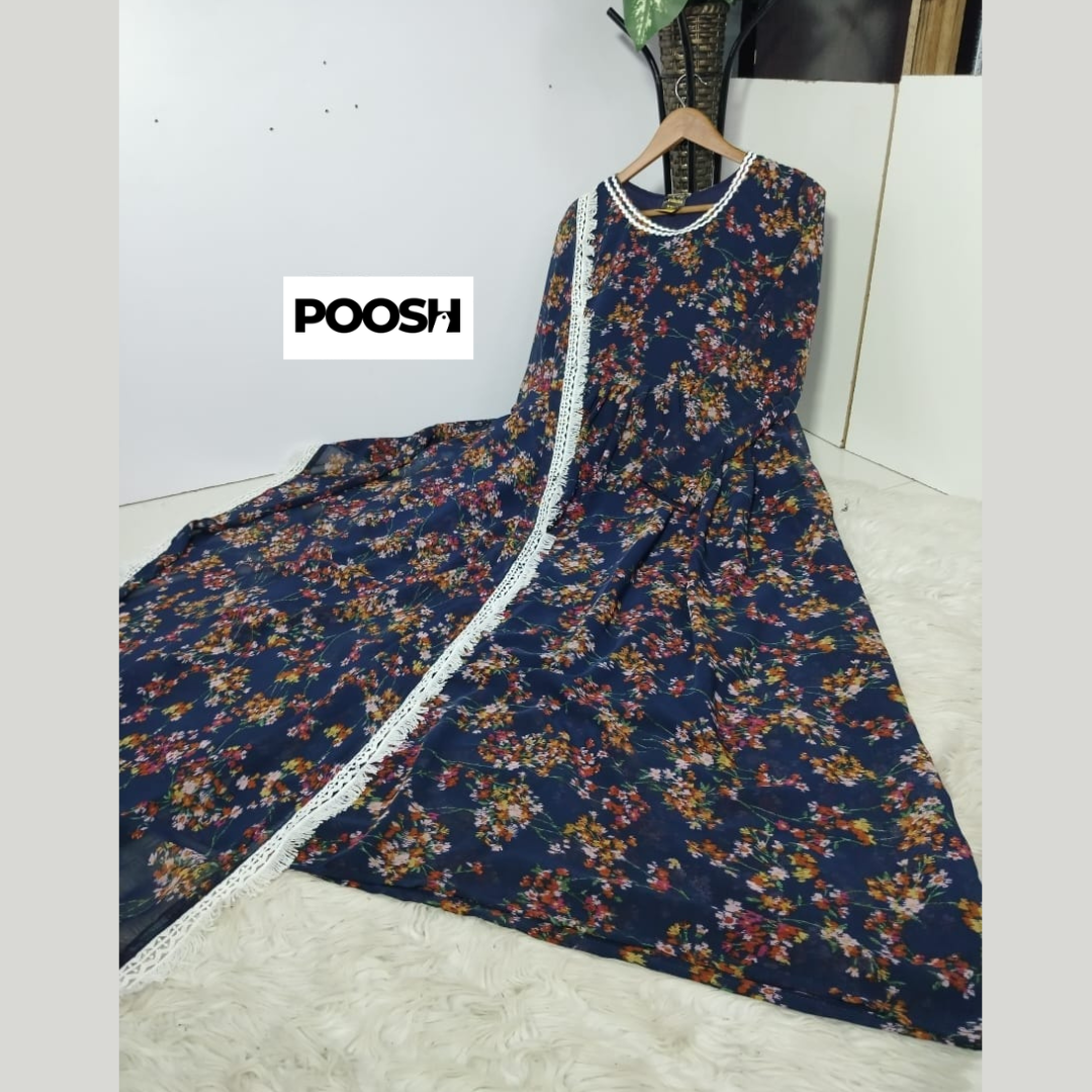 Printed Chiffon Western Dress With Same Dupatta