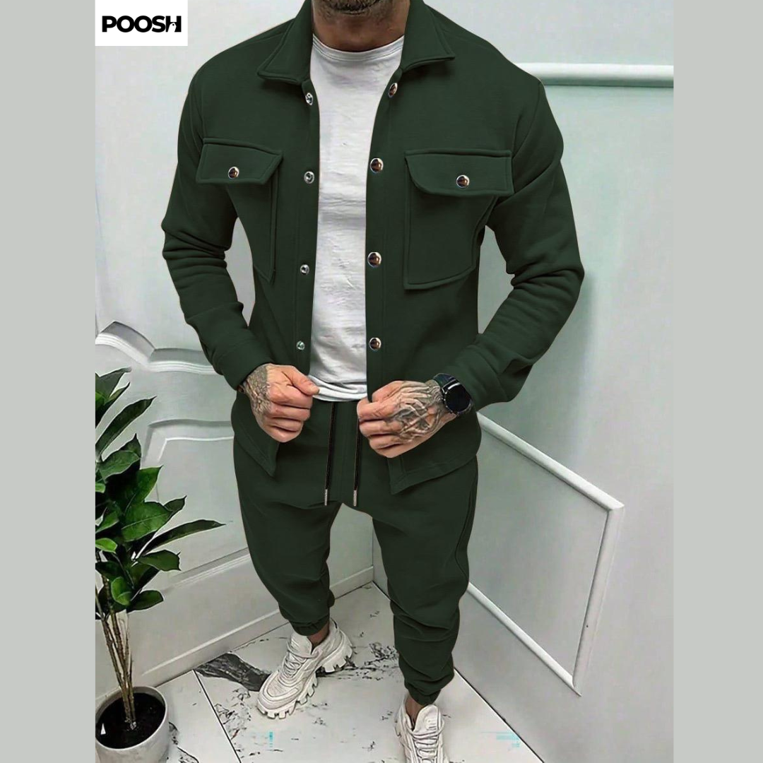 Latest Button Double Fleece Track Suit 2pcs