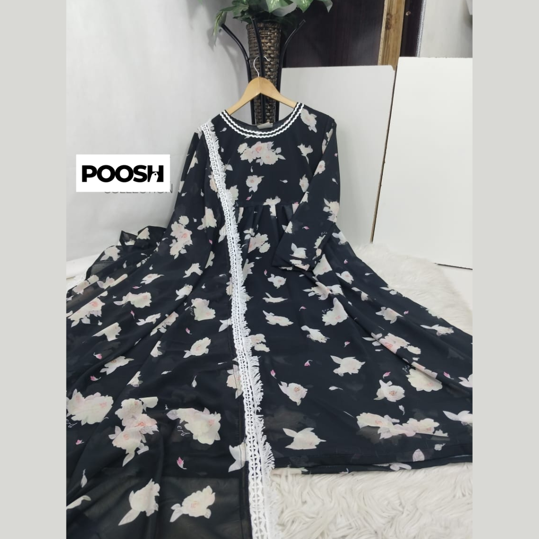 Printed Chiffon Western Dress With Same Dupatta