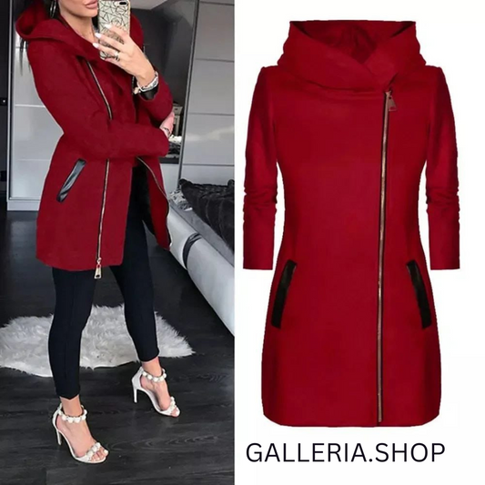 Long Winter Hooded Coat Leather Pocket Style Side Zip.